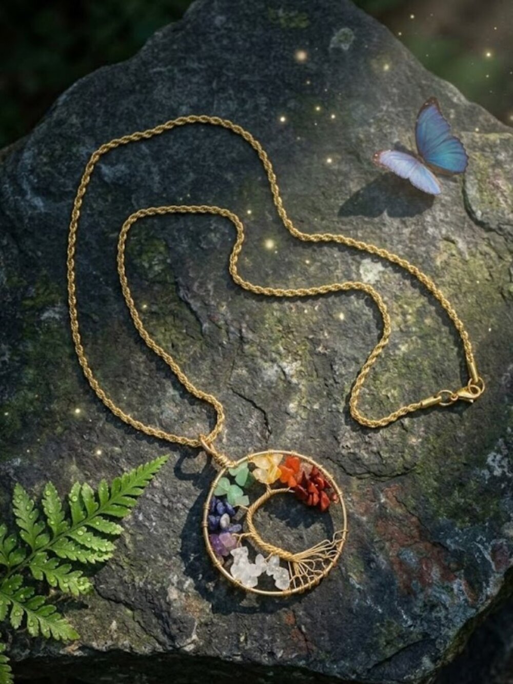 7 Chakra Tree of Life Wire Wrapped Genuine Gemstone Bohemian Gold Necklace 23.5"